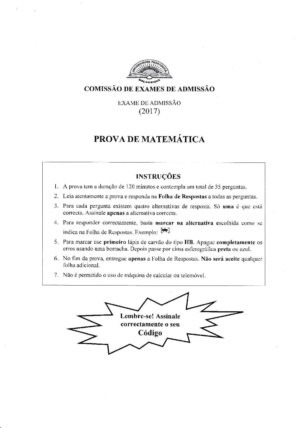 Matemática – 2017 da UP (Enunciado e Resolução do Exame de Admissão em PDF)