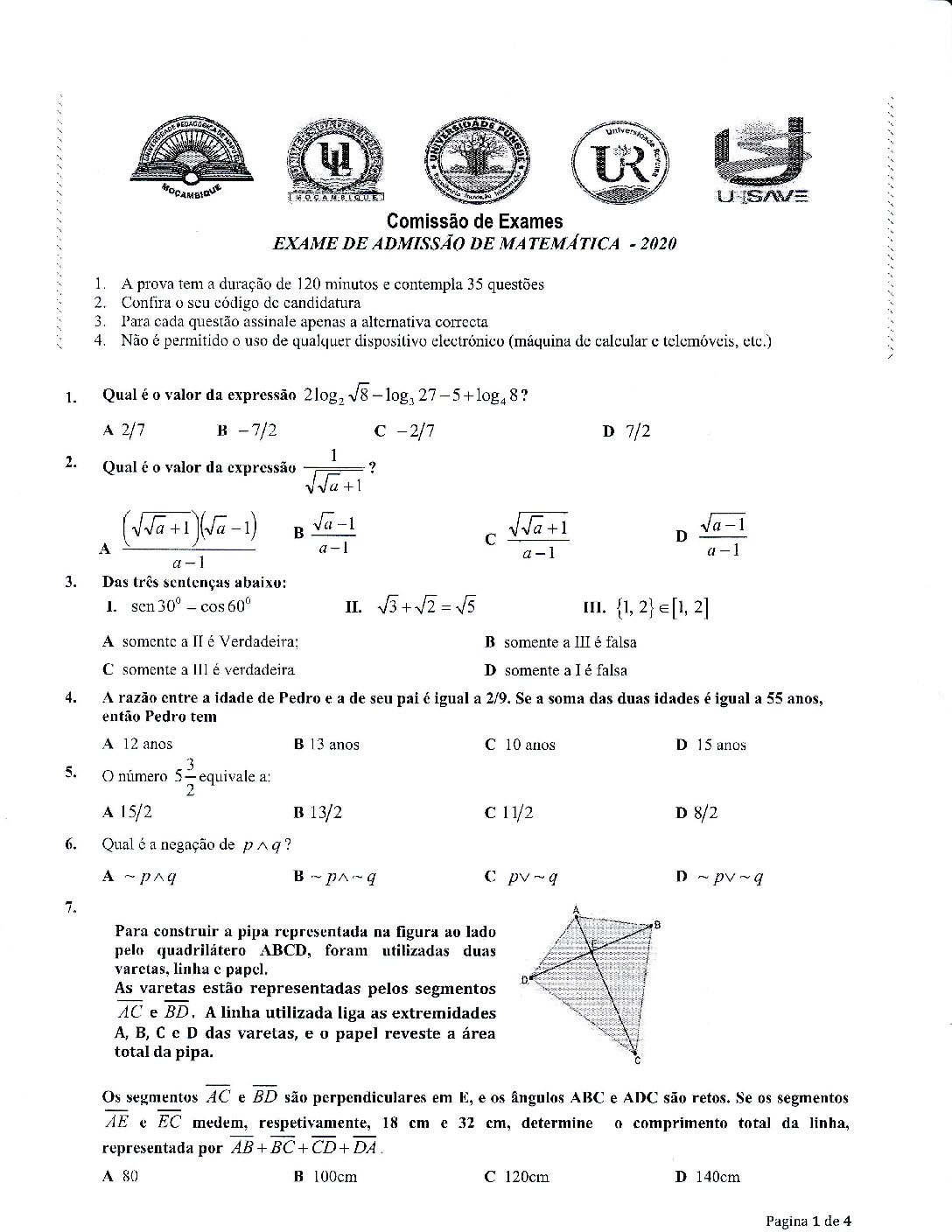 Matemática – 2020 da UP (Enunciado e Resolução do Exame de Admissão em PDF)