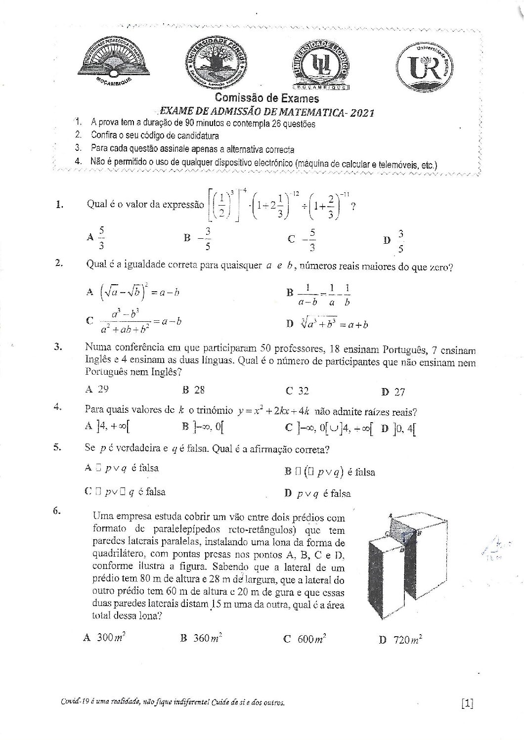 Matemática – 2021 da UP (Enunciado e Resolução do Exame de Admissão em PDF)
