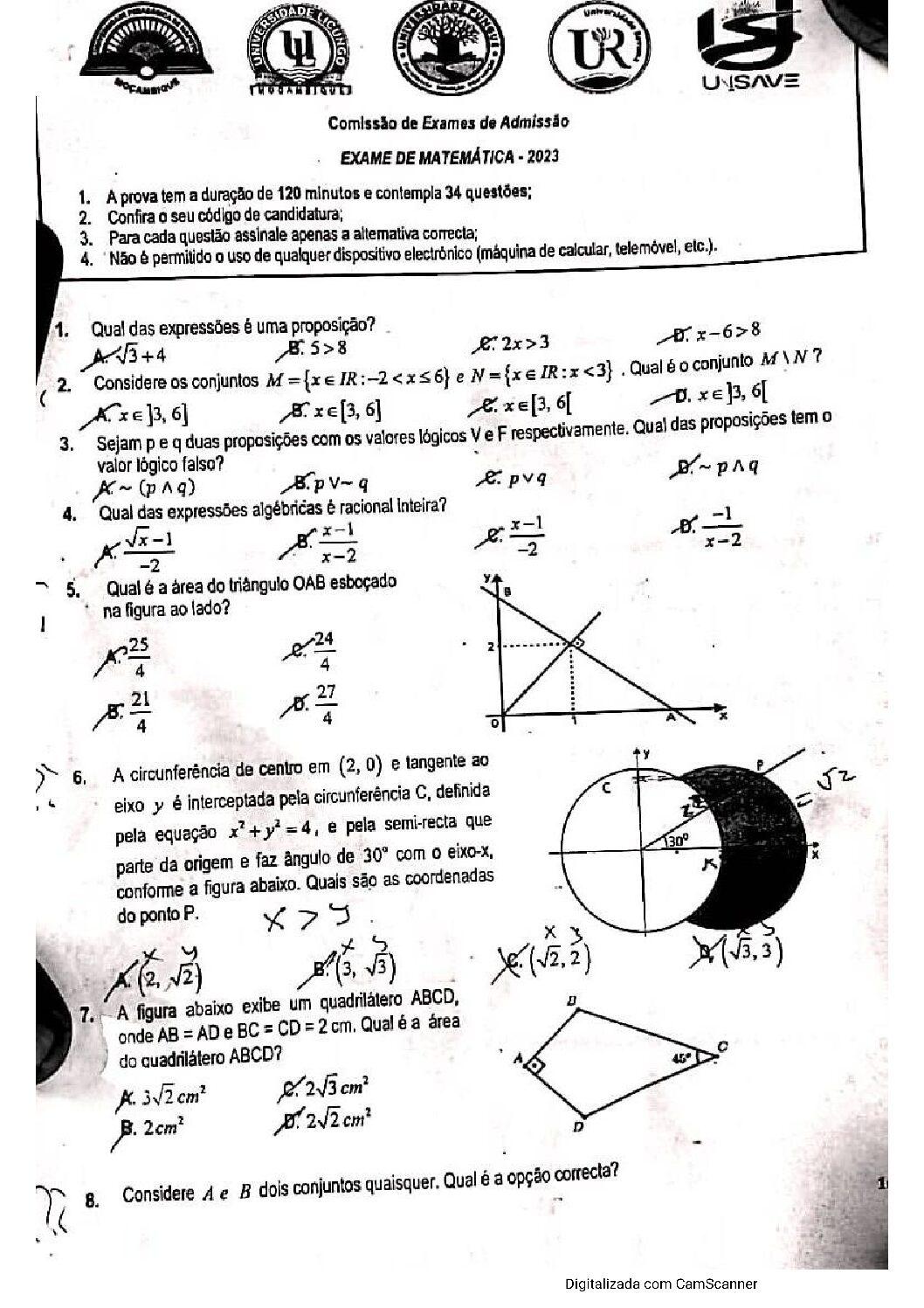 Matemática – 2023 da UP (Enunciado e Resolução do Exame de Admissão em PDF)