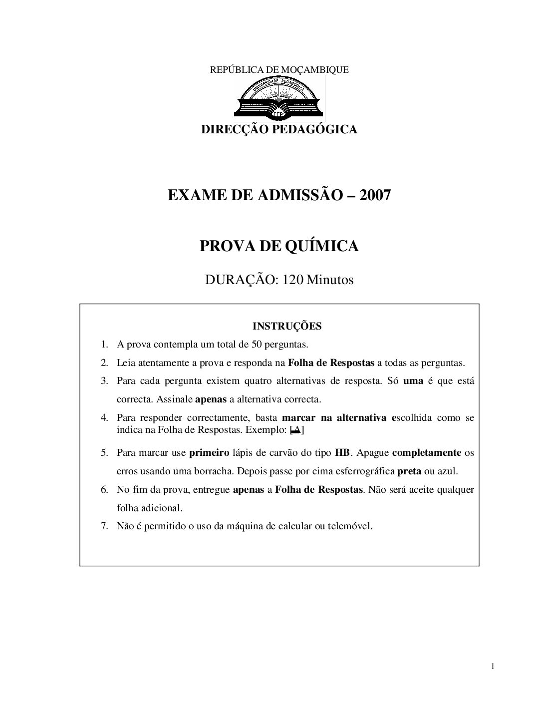 Química – 2007 da UP (Enunciado e Resolução do Exame de Admissão em PDF)