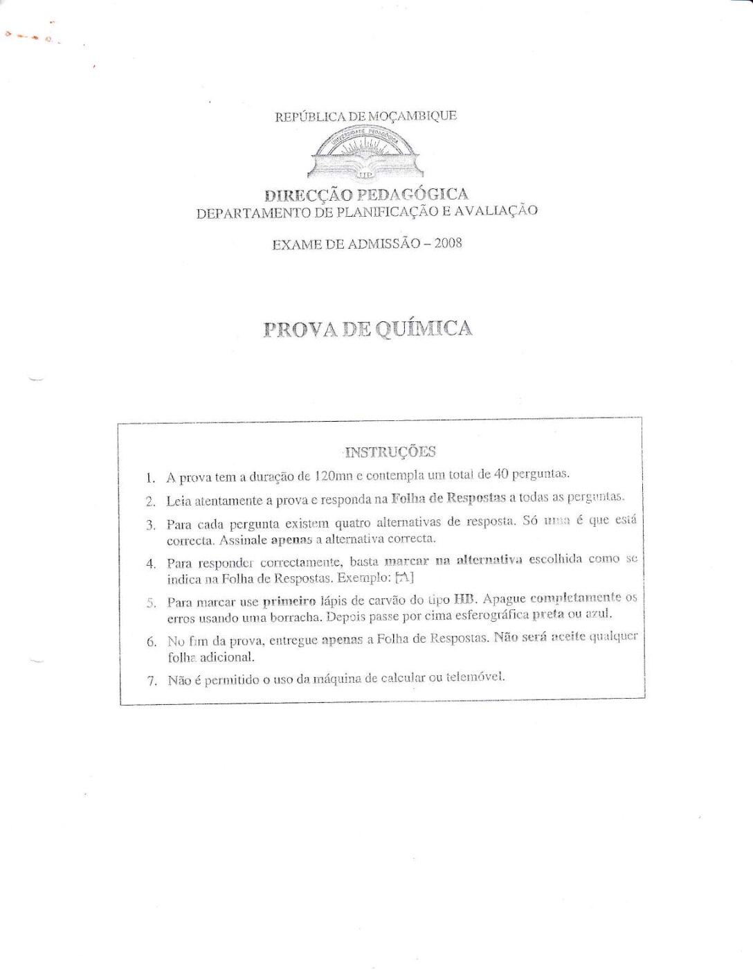 Química – 2008 da UP (Enunciado e Resolução do Exame de Admissão em PDF)
