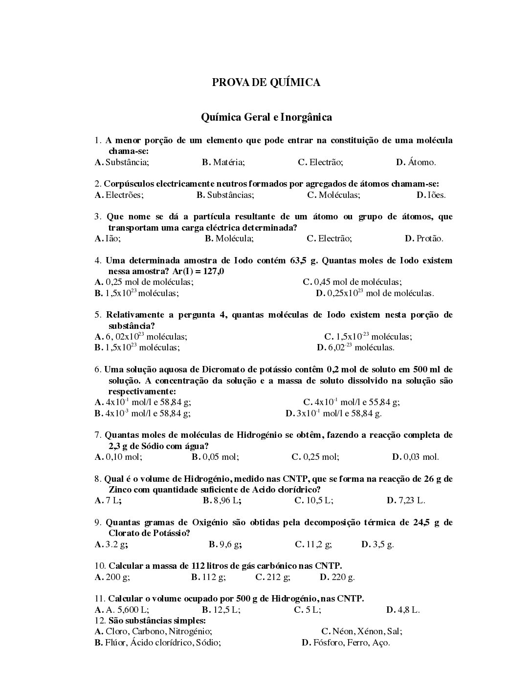 Química – 2009 da UP (Enunciado e Resolução do Exame de Admissão em PDF)
