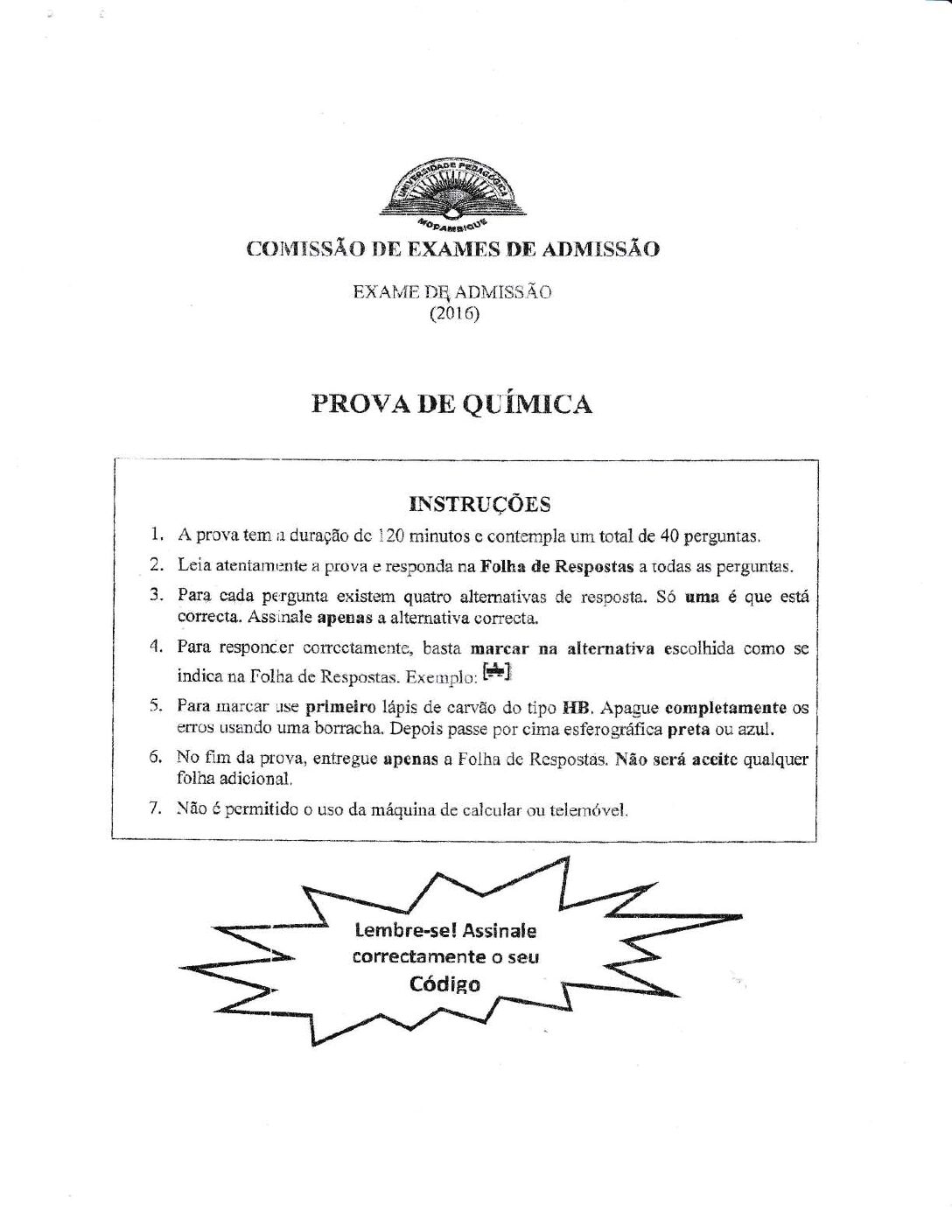 Química – 2016 da UP (Enunciado e Resolução do Exame de Admissão em PDF)