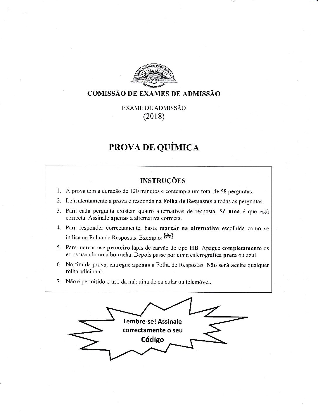 Química – 2018 da UP (Enunciado e Resolução do Exame de Admissão em PDF)