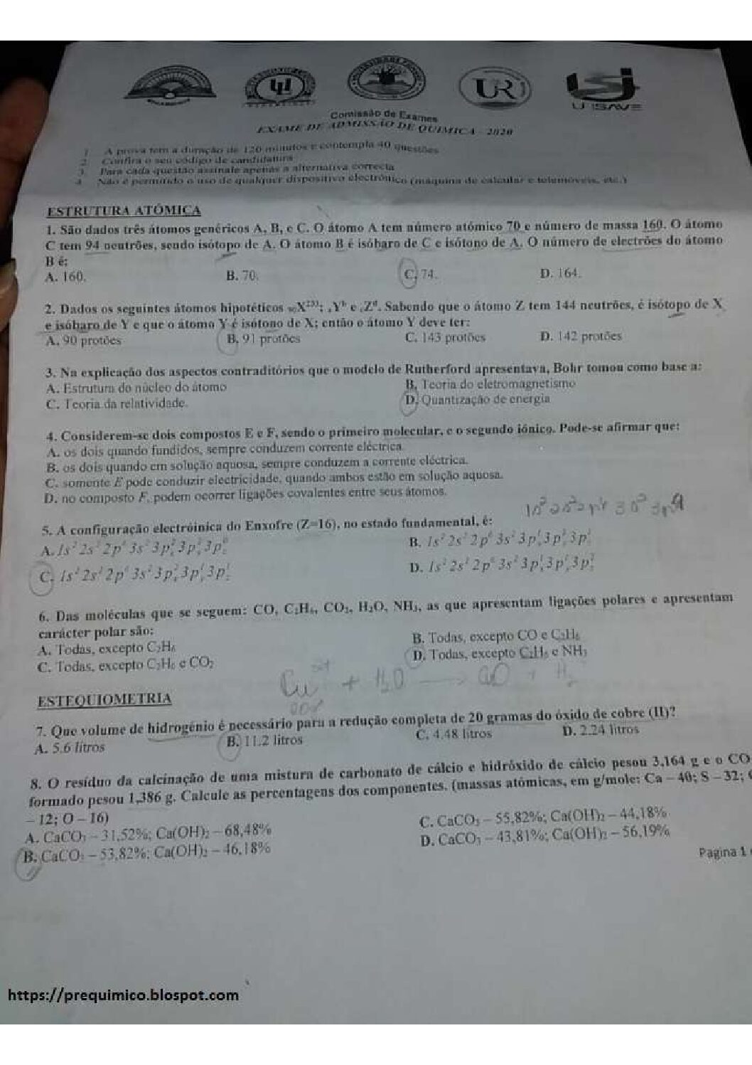 Química – 2020 da UP (Enunciado e Resolução do Exame de Admissão em PDF)