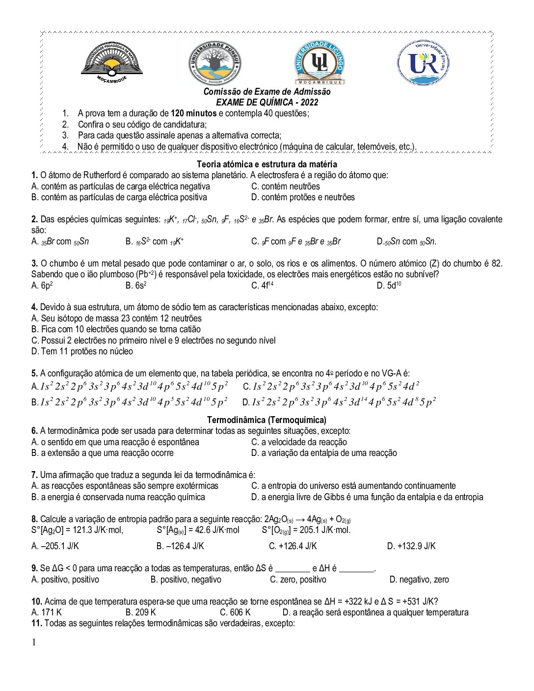 Química – 2022 da UP (Enunciado e Resolução do Exame de Admissão em PDF)