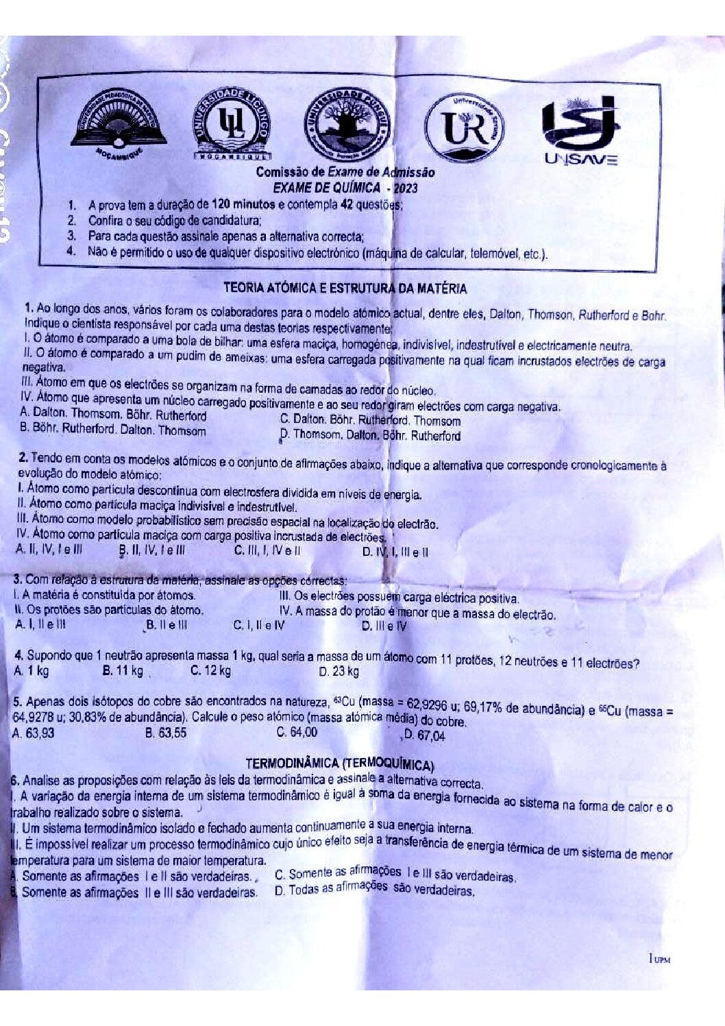 Química – 2023 da UP (Enunciado e Resolução do Exame de Admissão em PDF)