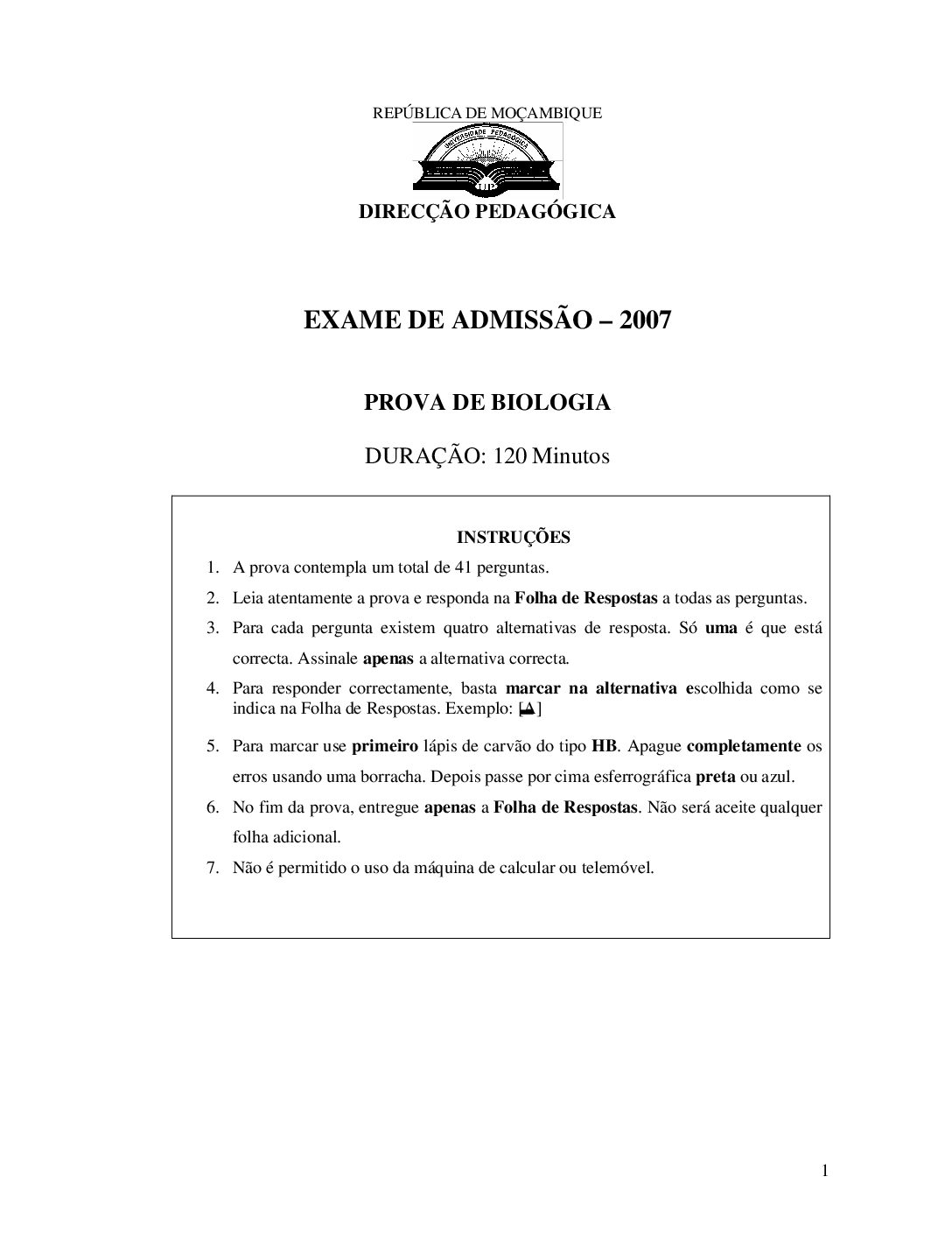 Biologia – 2007 da UP (Enunciado e Resolução do Exame de Admissão em PDF)