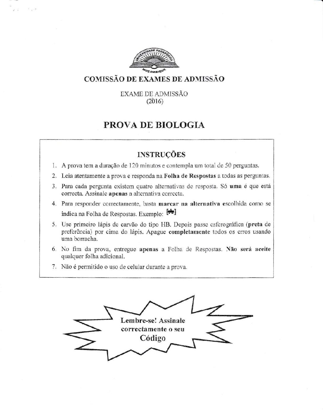 Biologia – 2016 da UP (Enunciado e Resolução do Exame de Admissão em PDF)