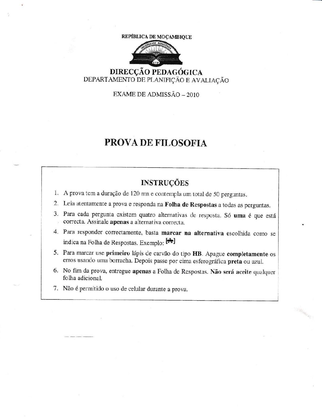 Filosofia – 2010 da UP (Enunciado e Resolução do Exame de Admissão em PDF)