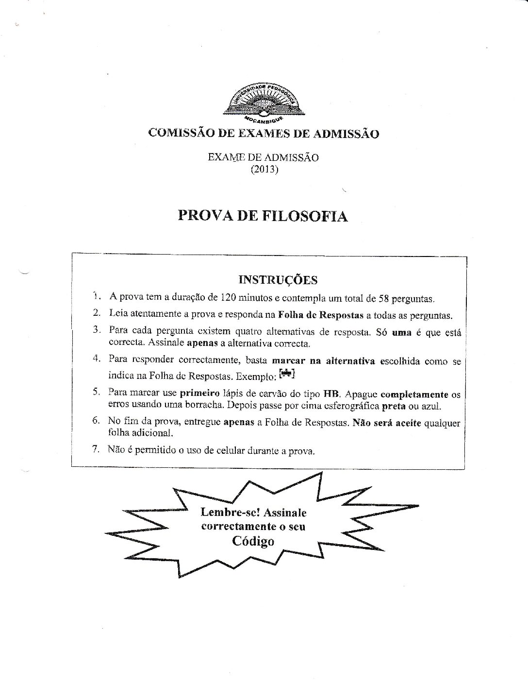 Filosofia – 2013 da UP (Enunciado e Resolução do Exame de Admissão em PDF)