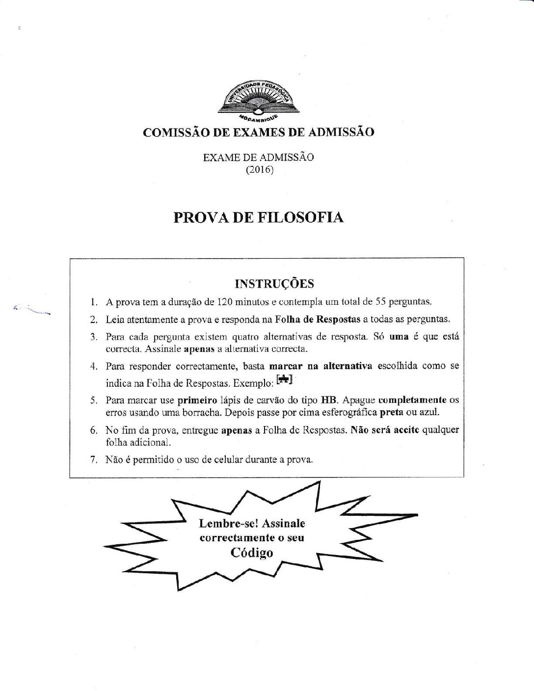Filosofia – 2016 da UP (Enunciado e Resolução do Exame de Admissão em PDF)