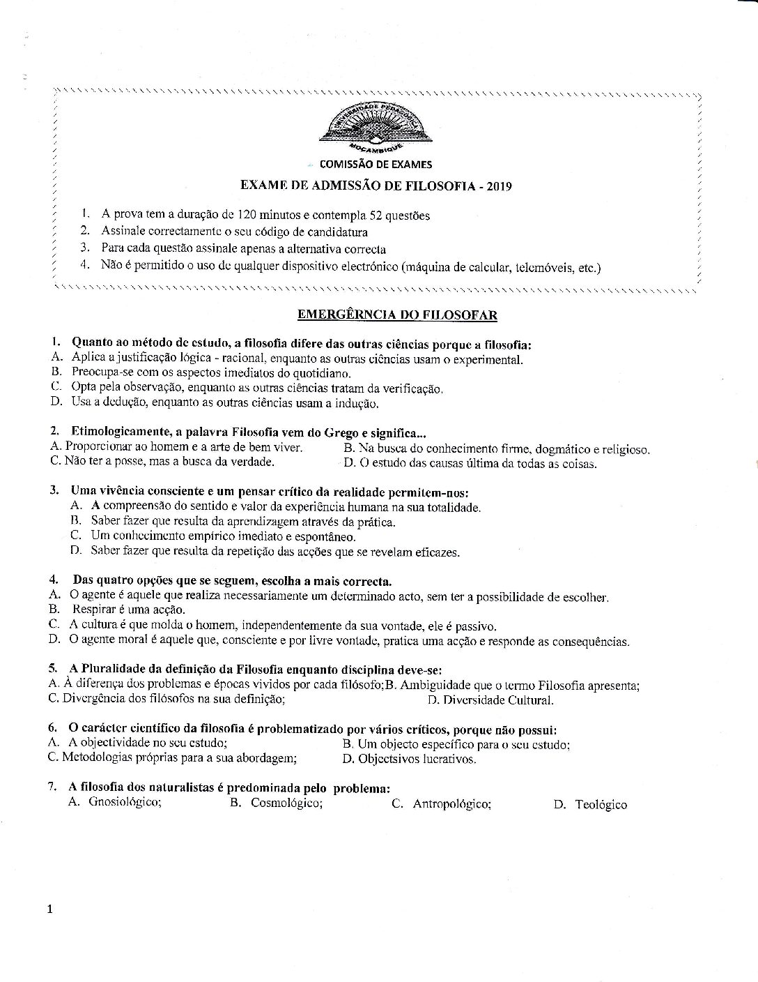 Filosofia – 2019 da UP (Enunciado e Resolução do Exame de Admissão em PDF)