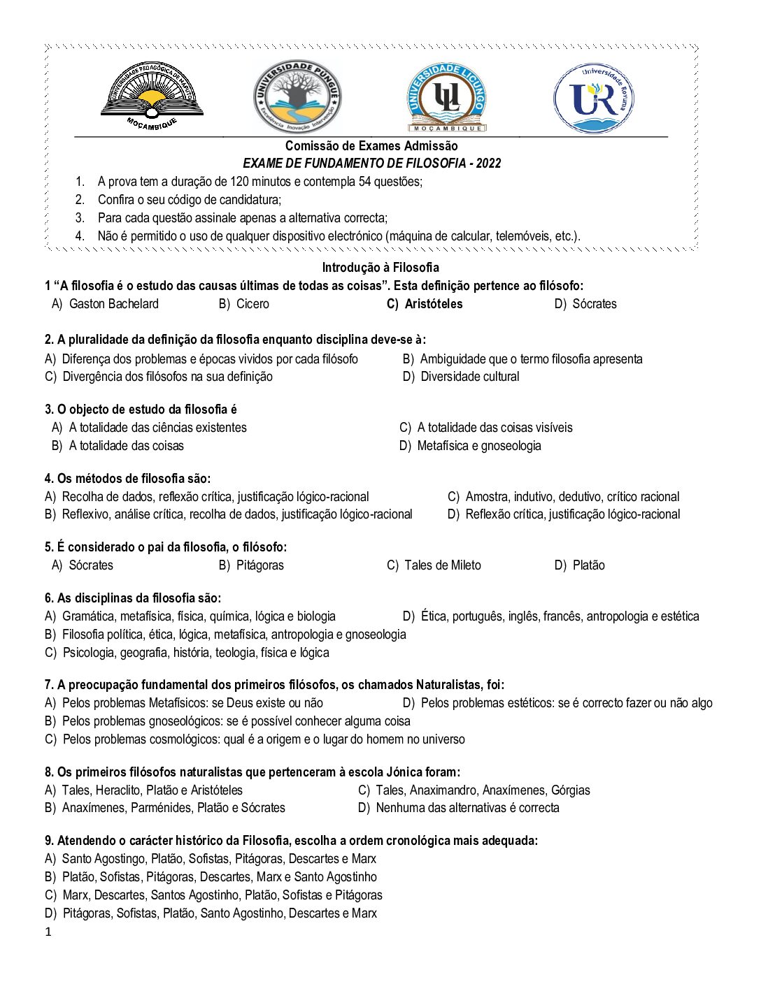 Filosofia – 2022 da UP (Enunciado e Resolução do Exame de Admissão em PDF)