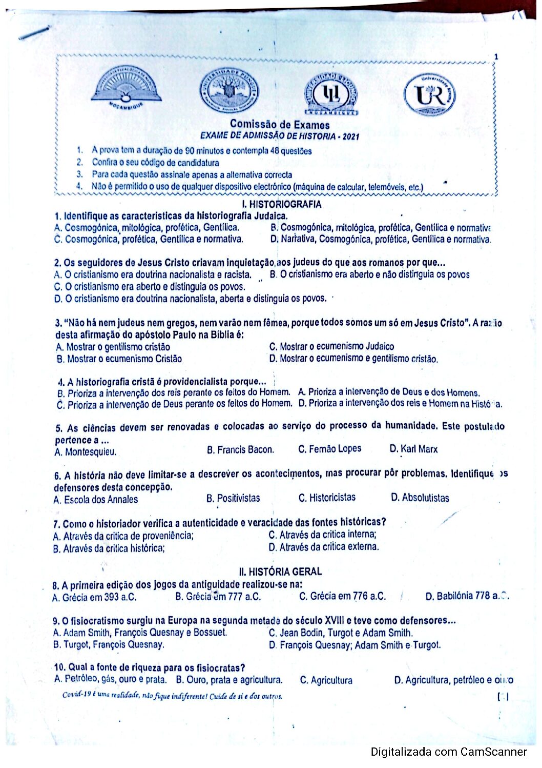 História – 2021 da UP (Enunciado e Resolução do Exame de Admissão em PDF)
