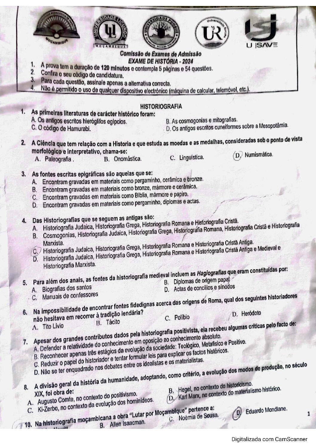 História – 2024 da UP (Enunciado e Resolução do Exame de Admissão em PDF)