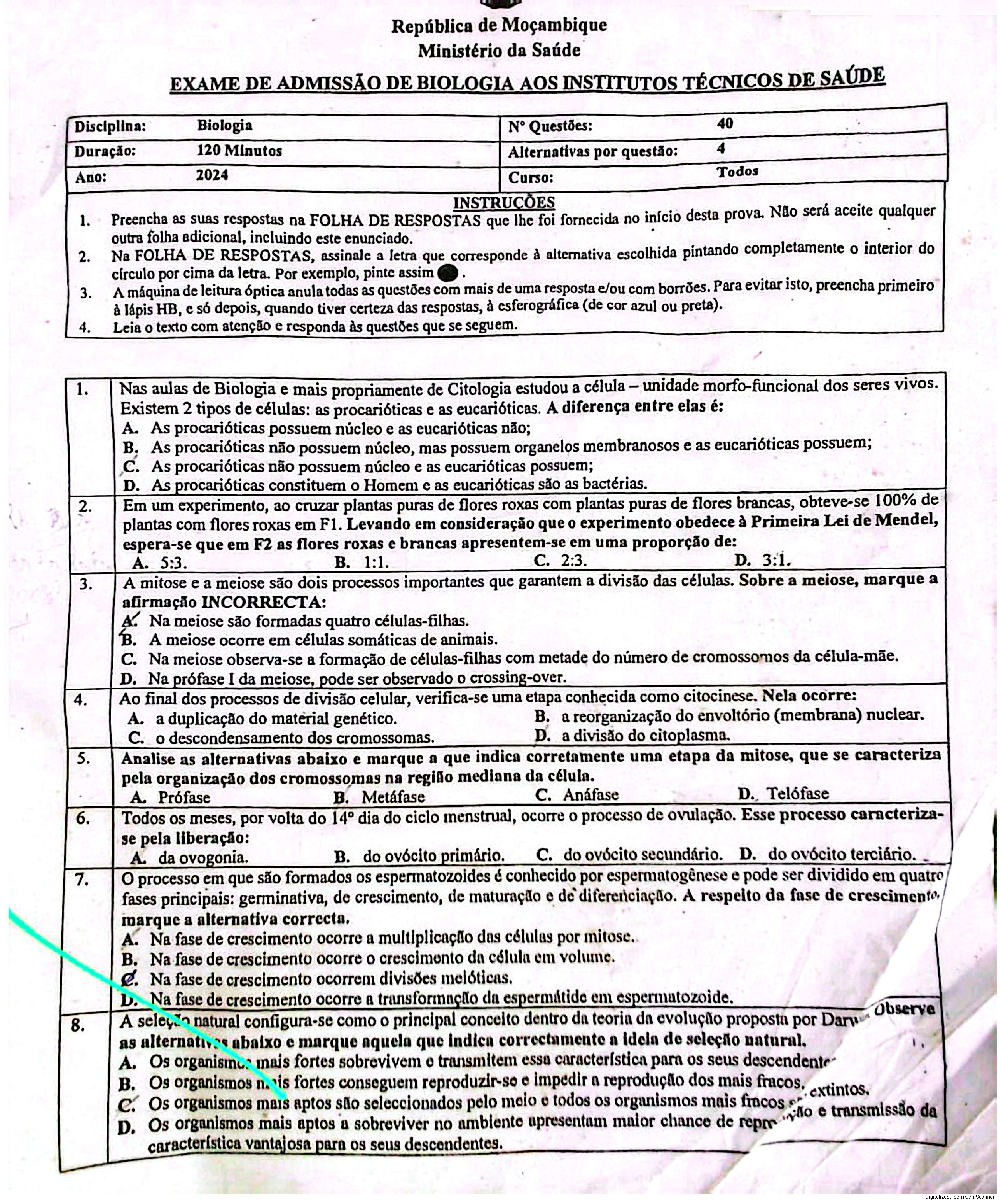 Biologia – 2024 do ICS (Enunciado e Resolução do Exame de Admissão em PDF)