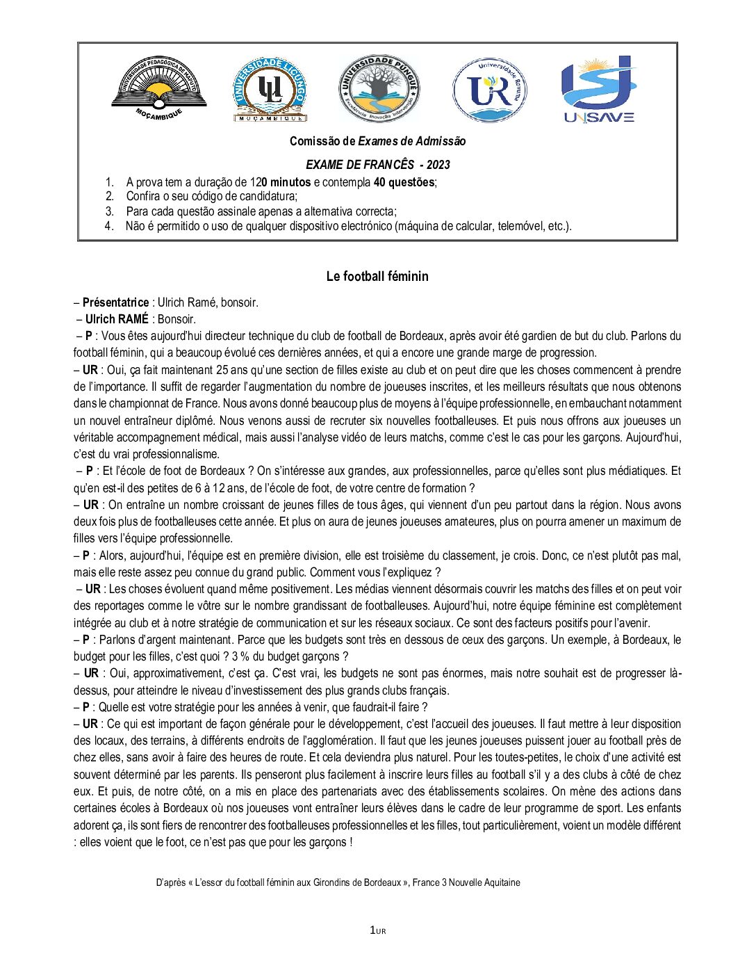 Francês – 2023 da UP (Enunciado e Resolução do Exame de Admissão em PDF)