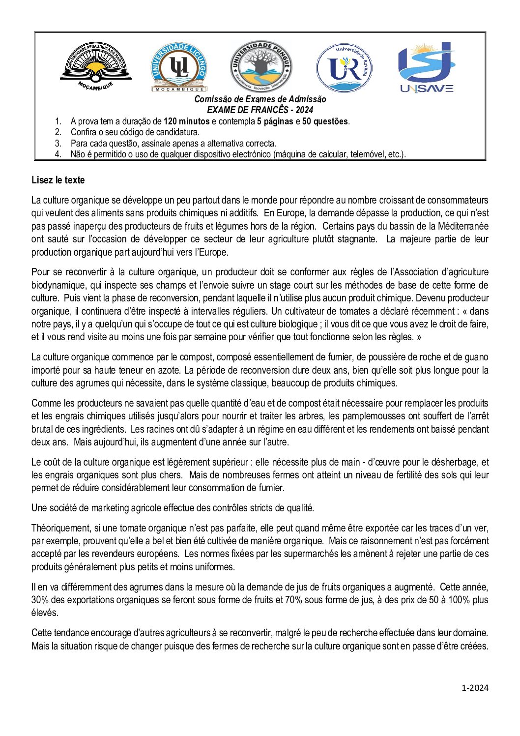 Francês – 2024 da UP (Enunciado e Resolução do Exame de Admissão em PDF)
