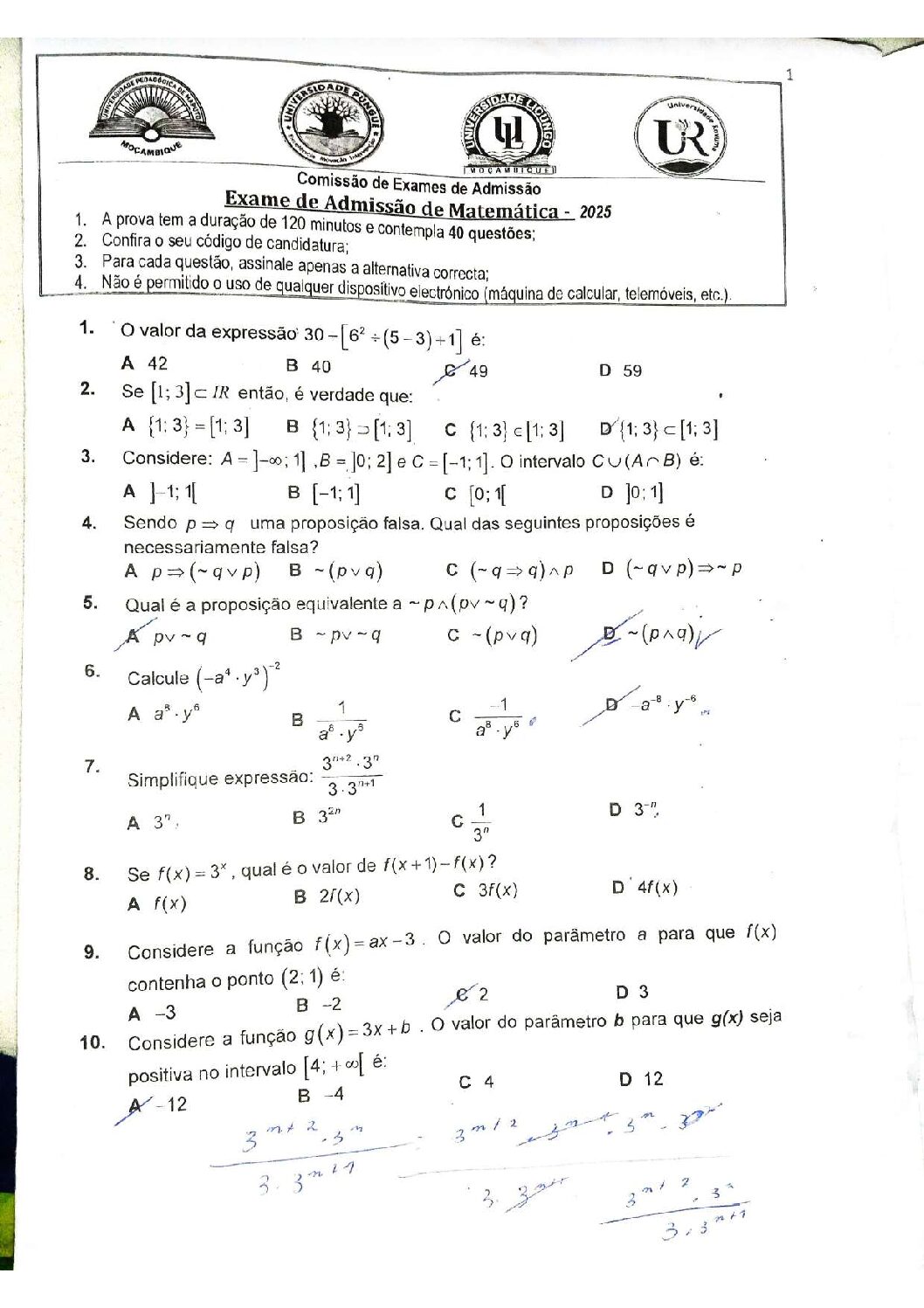 Matemática – 2025 da UP (Enunciado e Resolução do Exame de Admissão em PDF)