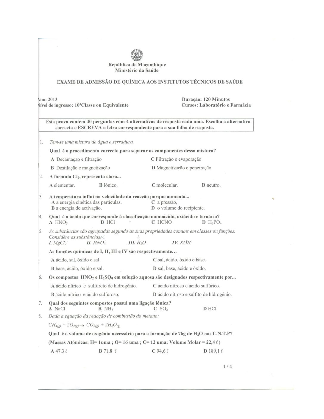 Química – 2013 do ICS (Enunciado e Resolução do Exame de Admissão em PDF)