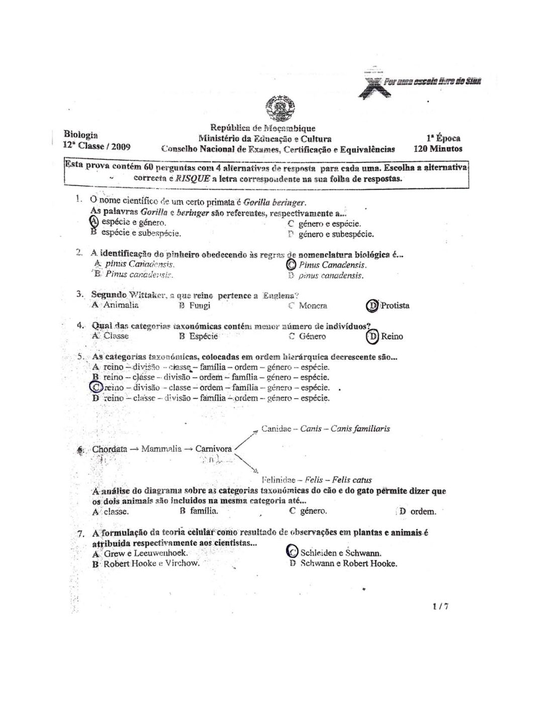Biologia – 2009 da 12ª Classe – 1ª Chamada (Enunciado e Resolução do Exame Final em PDF)
