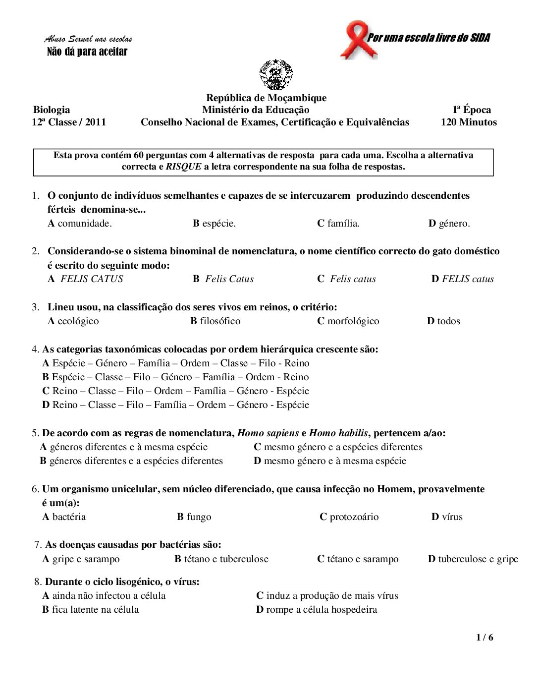 Biologia – 2011 da 12ª Classe – 1ª Chamada (Enunciado e Resolução do Exame Final em PDF)