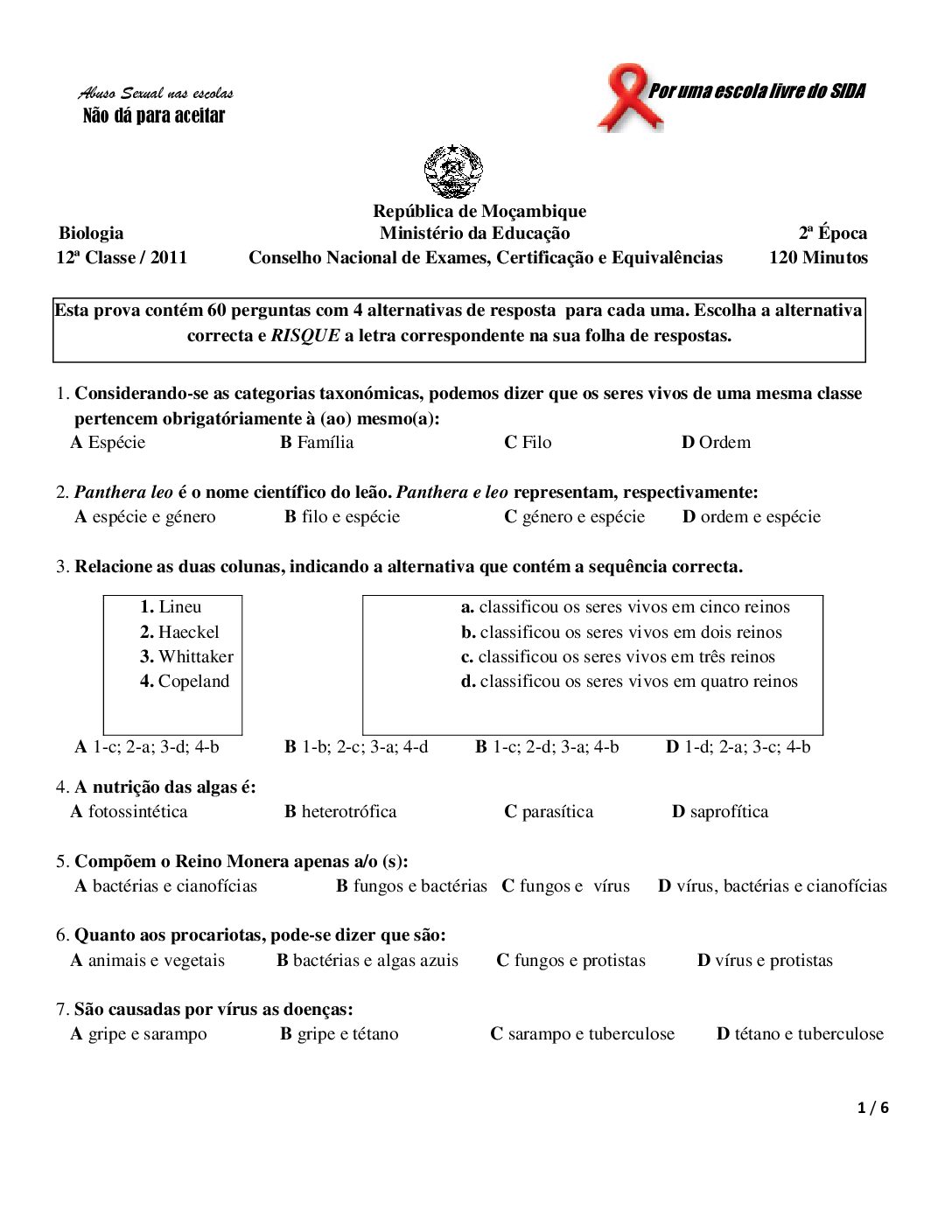 Biologia – 2011 da 12ª Classe – 2ª Chamada (Enunciado e Resolução do Exame Final em PDF)