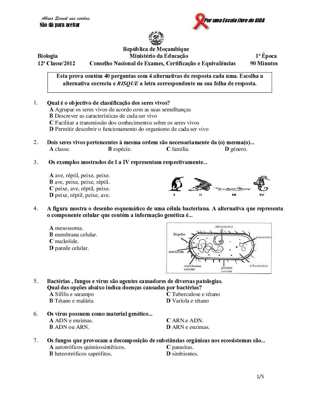 Biologia – 2012 da 12ª Classe – 1ª Chamada (Enunciado e Resolução do Exame Final em PDF)