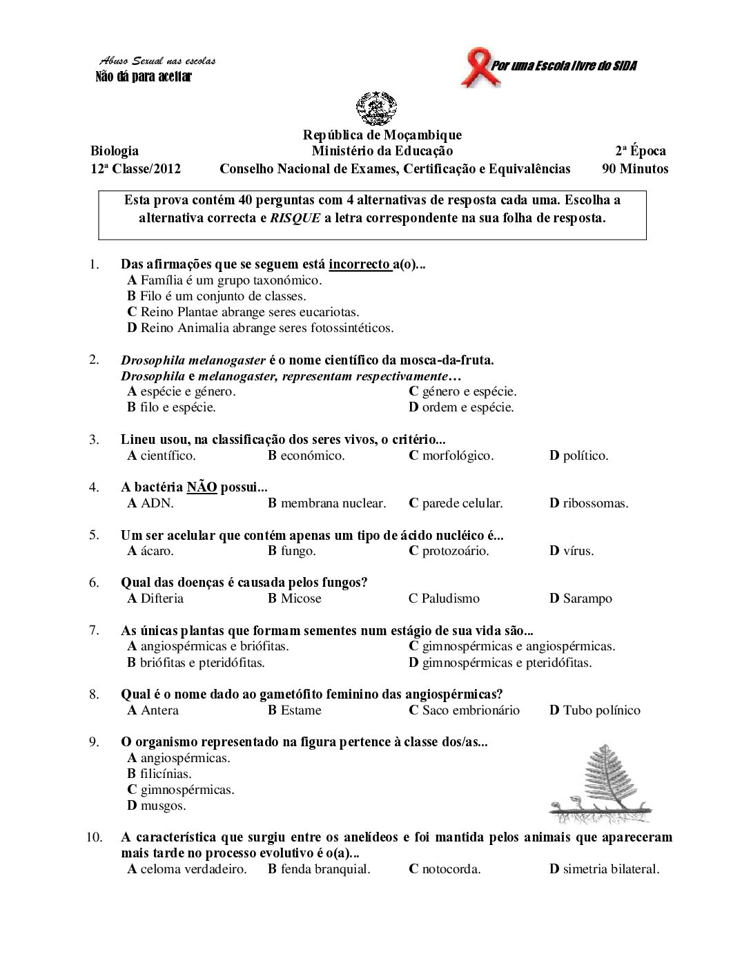 Biologia – 2012 da 12ª Classe – 2ª Chamada (Enunciado e Resolução do Exame Final em PDF)