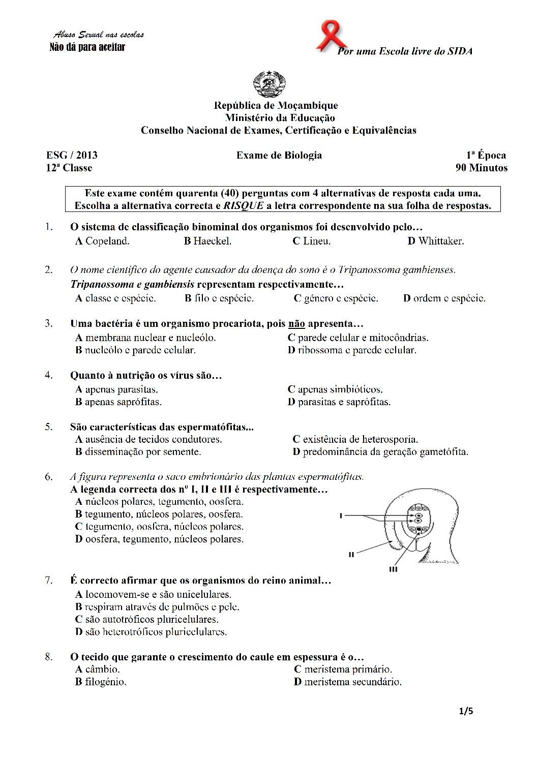 Biologia – 2013 da 12ª Classe – 1ª Chamada (Enunciado e Resolução do Exame Final em PDF)