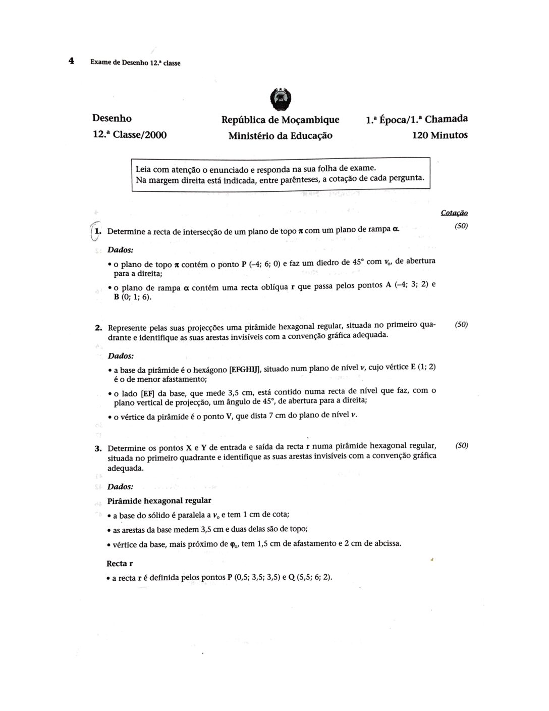Desenho – 2000 da 12ª Classe – 1ª Chamada (Enunciado e Resolução do Exame Final em PDF)