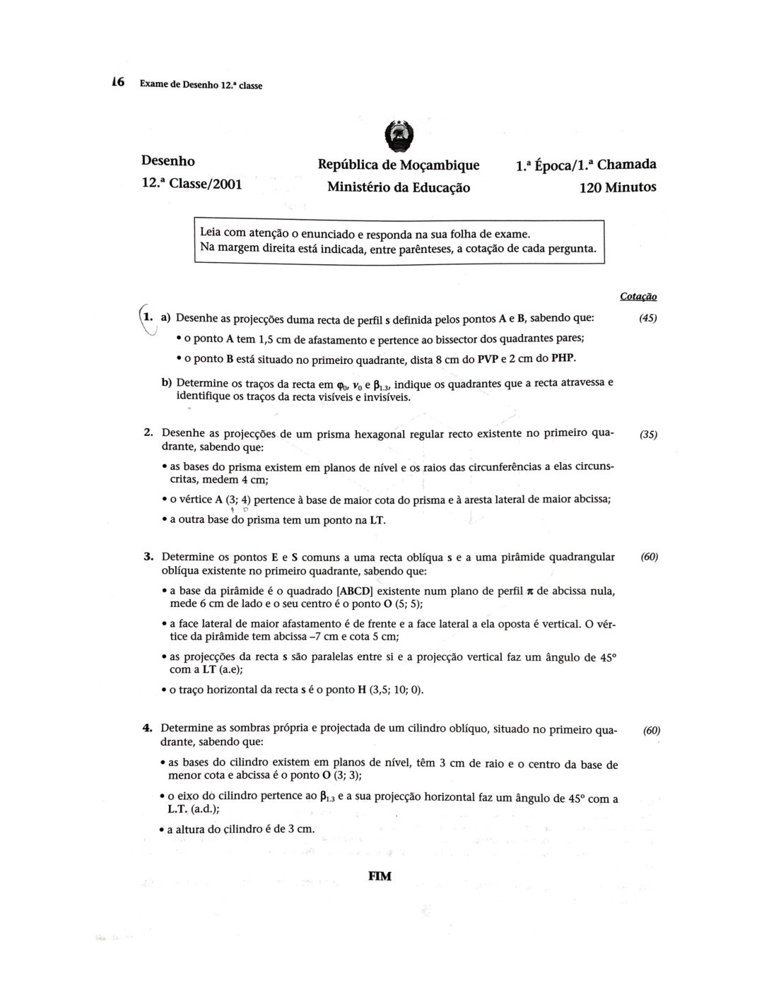 Desenho – 2001 da 12ª Classe – 1ª Chamada (Enunciado e Resolução do Exame Final em PDF)