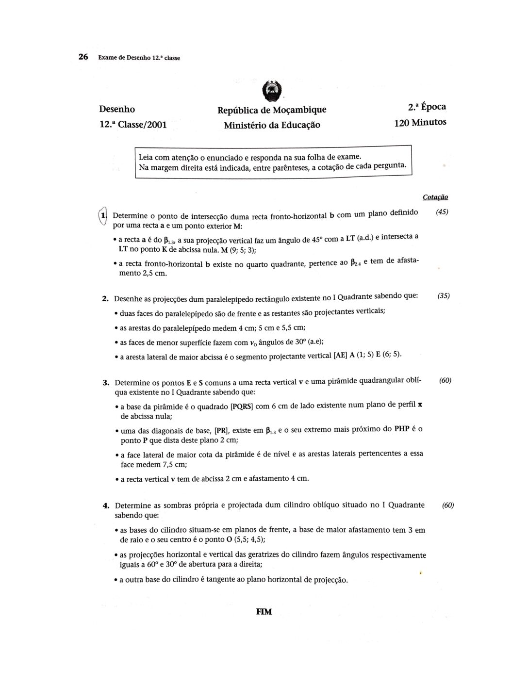 Desenho – 2001 da 12ª Classe – 2ª Chamada (Enunciado e Resolução do Exame Final em PDF)