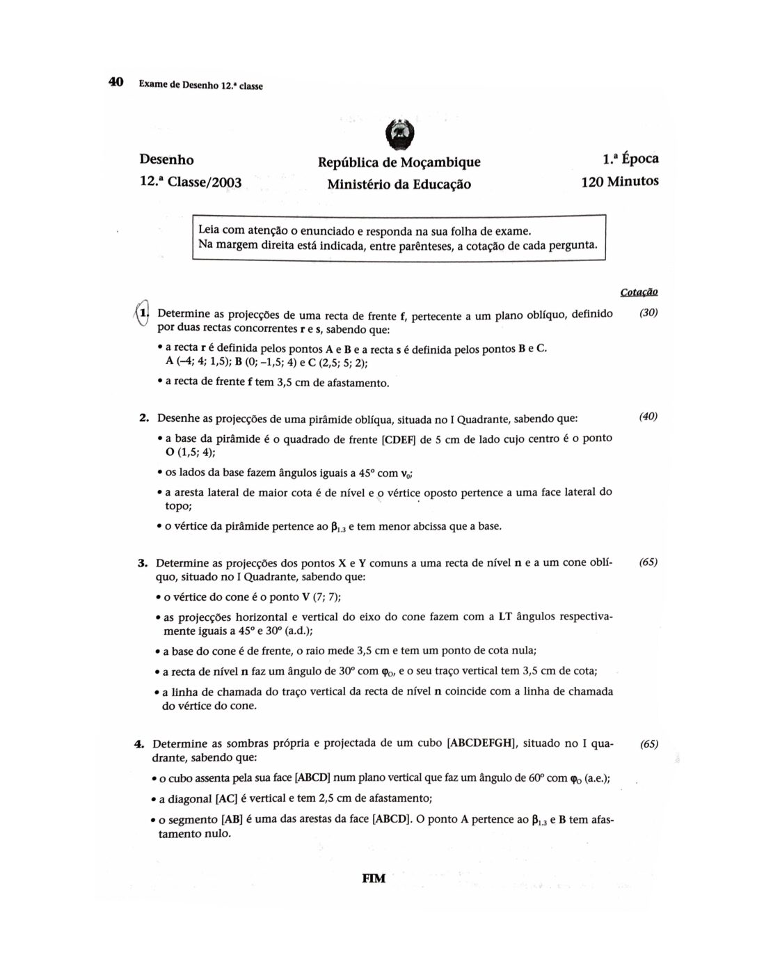 Desenho – 2003 da 12ª Classe – 1ª Chamada (Enunciado e Resolução do Exame Final em PDF)