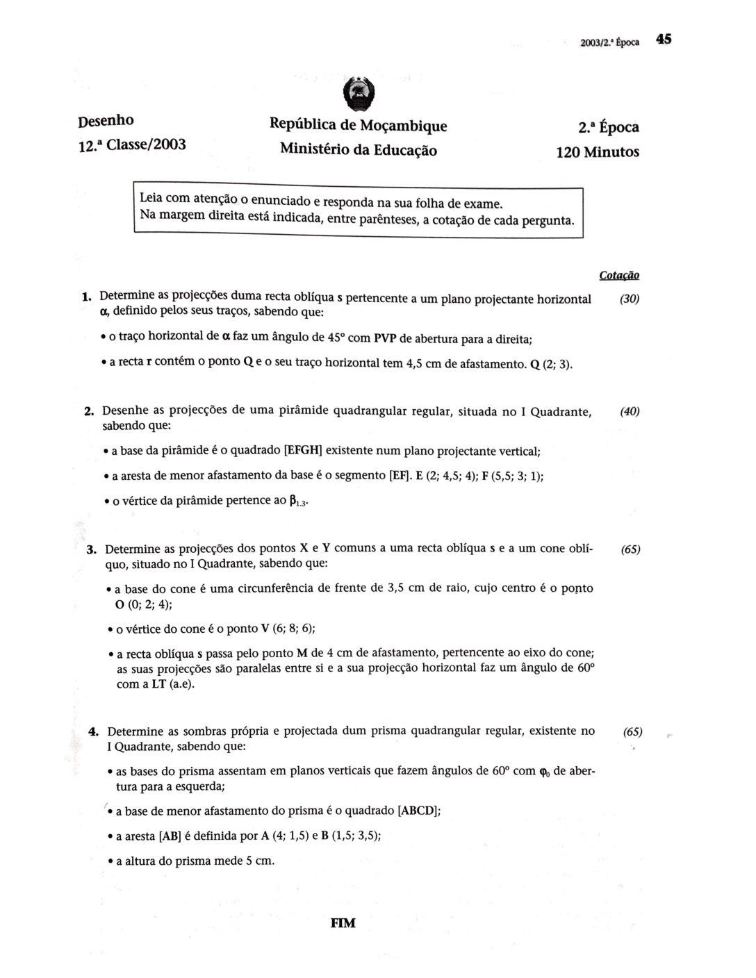 Desenho – 2003 da 12ª Classe – 2ª Chamada (Enunciado e Resolução do Exame Final em PDF)