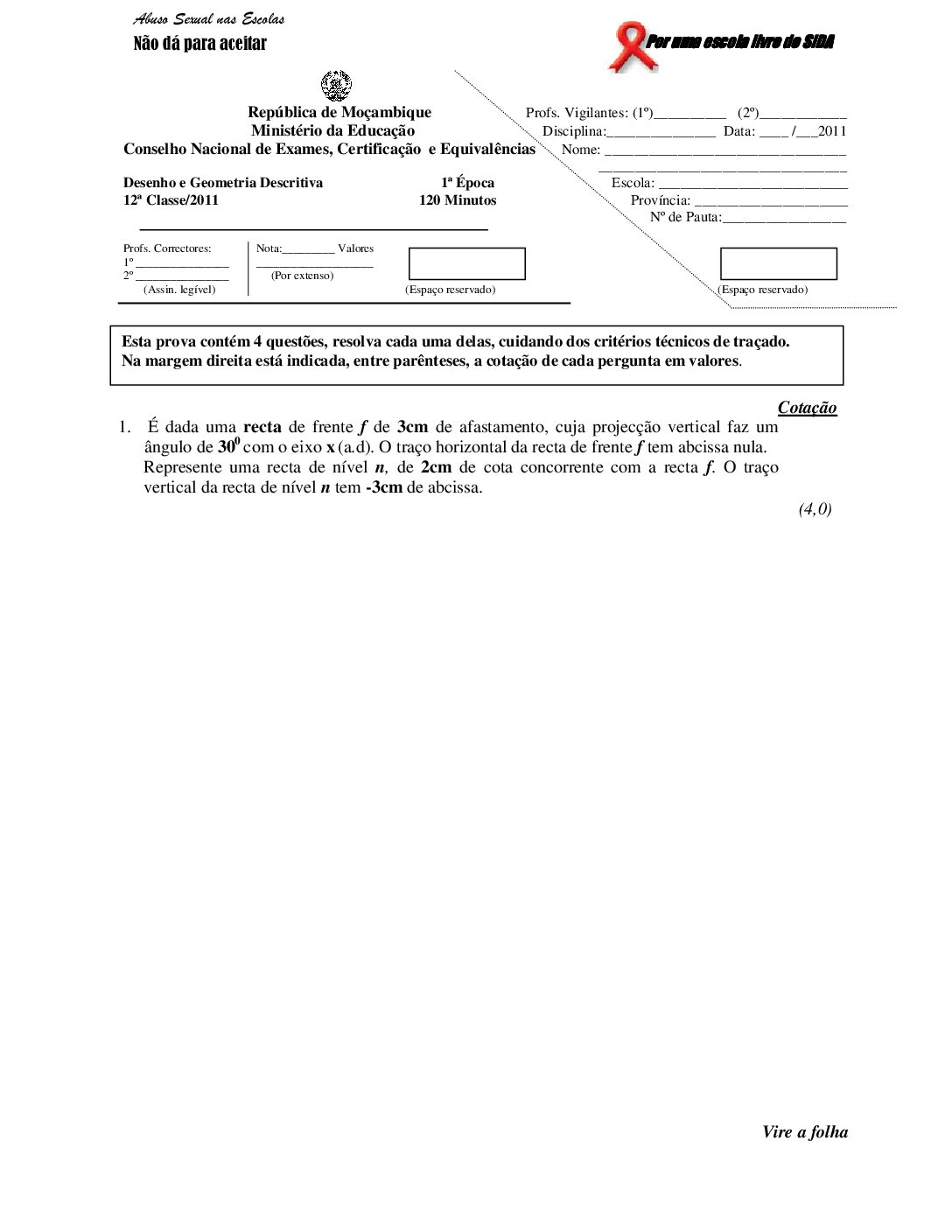 Desenho – 2011 da 12ª Classe – 1ª Chamada (Enunciado e Resolução do Exame Final em PDF)