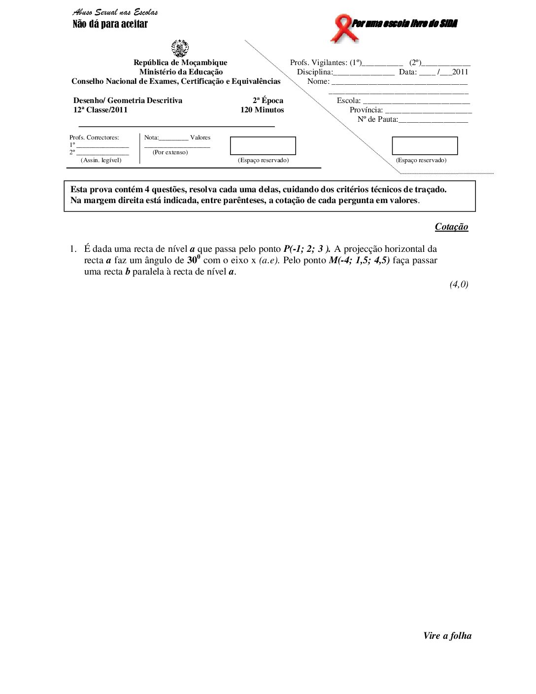 Desenho – 2011 da 12ª Classe – 2ª Chamada (Enunciado e Resolução do Exame Final em PDF)