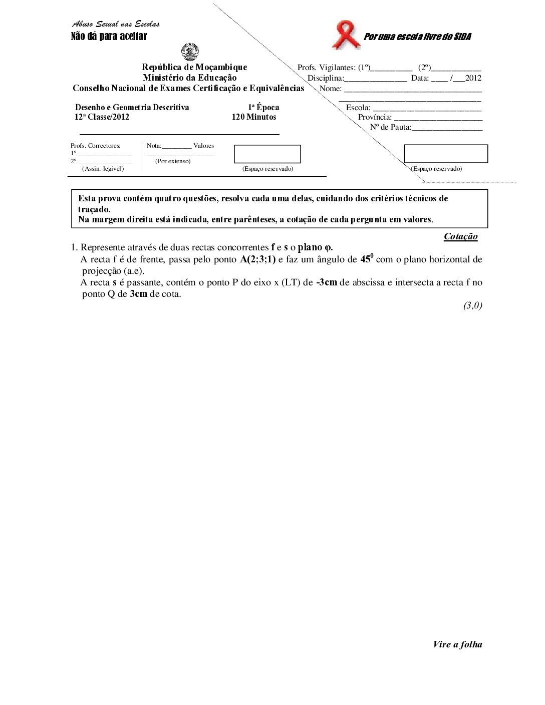 Desenho – 2012 da 12ª Classe – 1ª Chamada (Enunciado e Resolução do Exame Final em PDF)