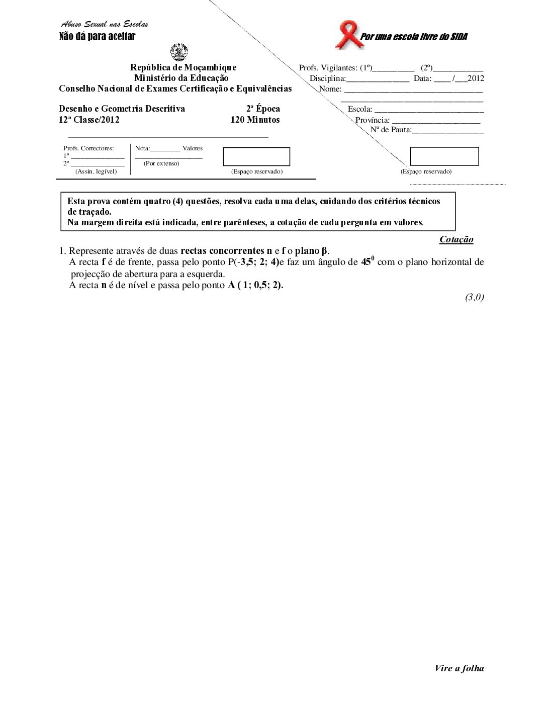 Desenho – 2012 da 12ª Classe – 2ª Chamada (Enunciado e Resolução do Exame Final em PDF)