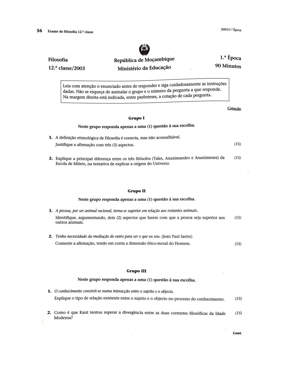Filosofia – 2003 da 12ª Classe – 1ª Chamada (Enunciado e Resolução do Exame Final em PDF)