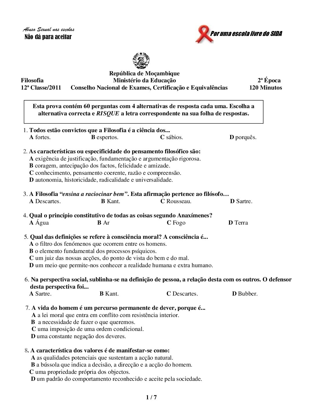 Filosofia – 2011 da 12ª Classe – 2ª Chamada (Enunciado e Resolução do Exame Final em PDF)