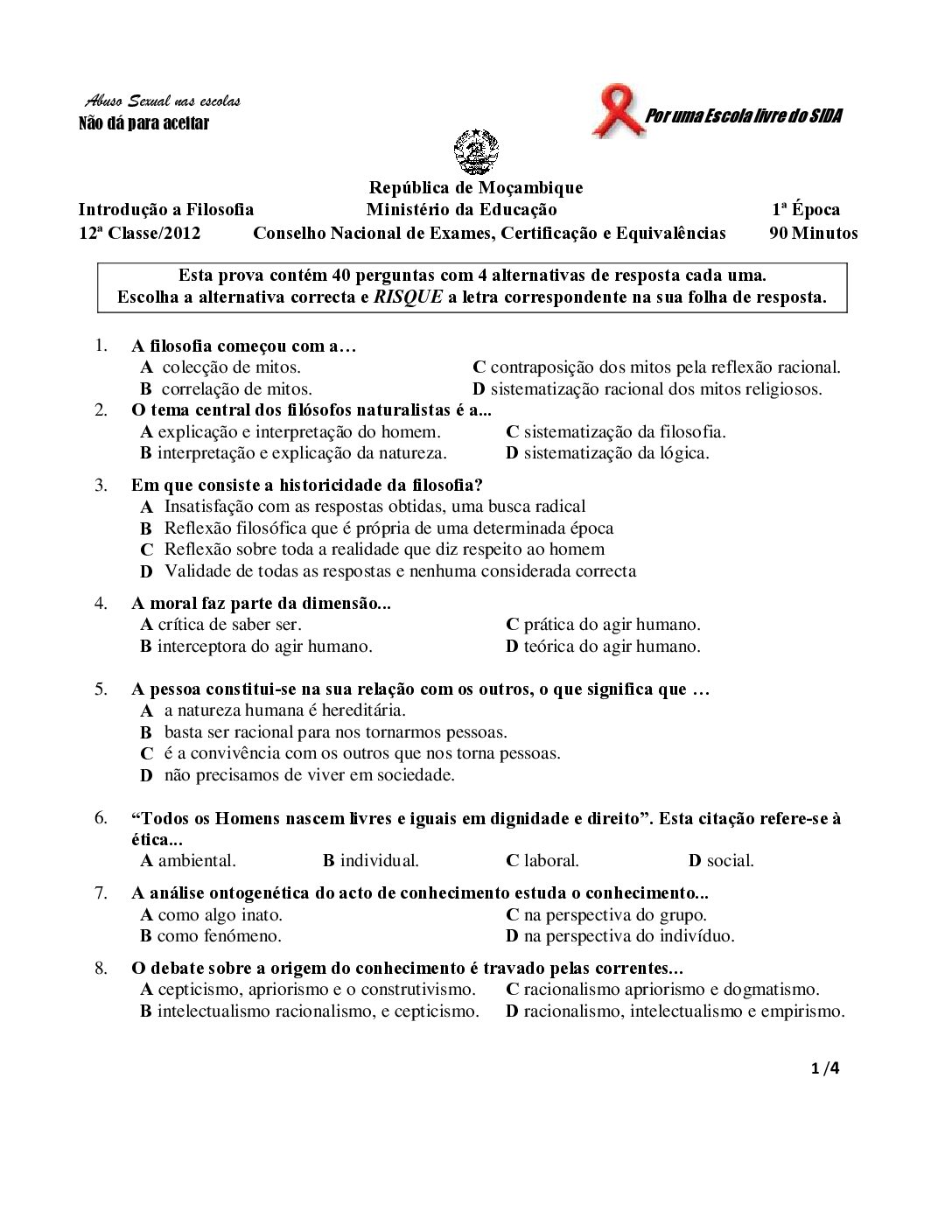 Filosofia – 2012 da 12ª Classe – 1ª Chamada (Enunciado e Resolução do Exame Final em PDF)
