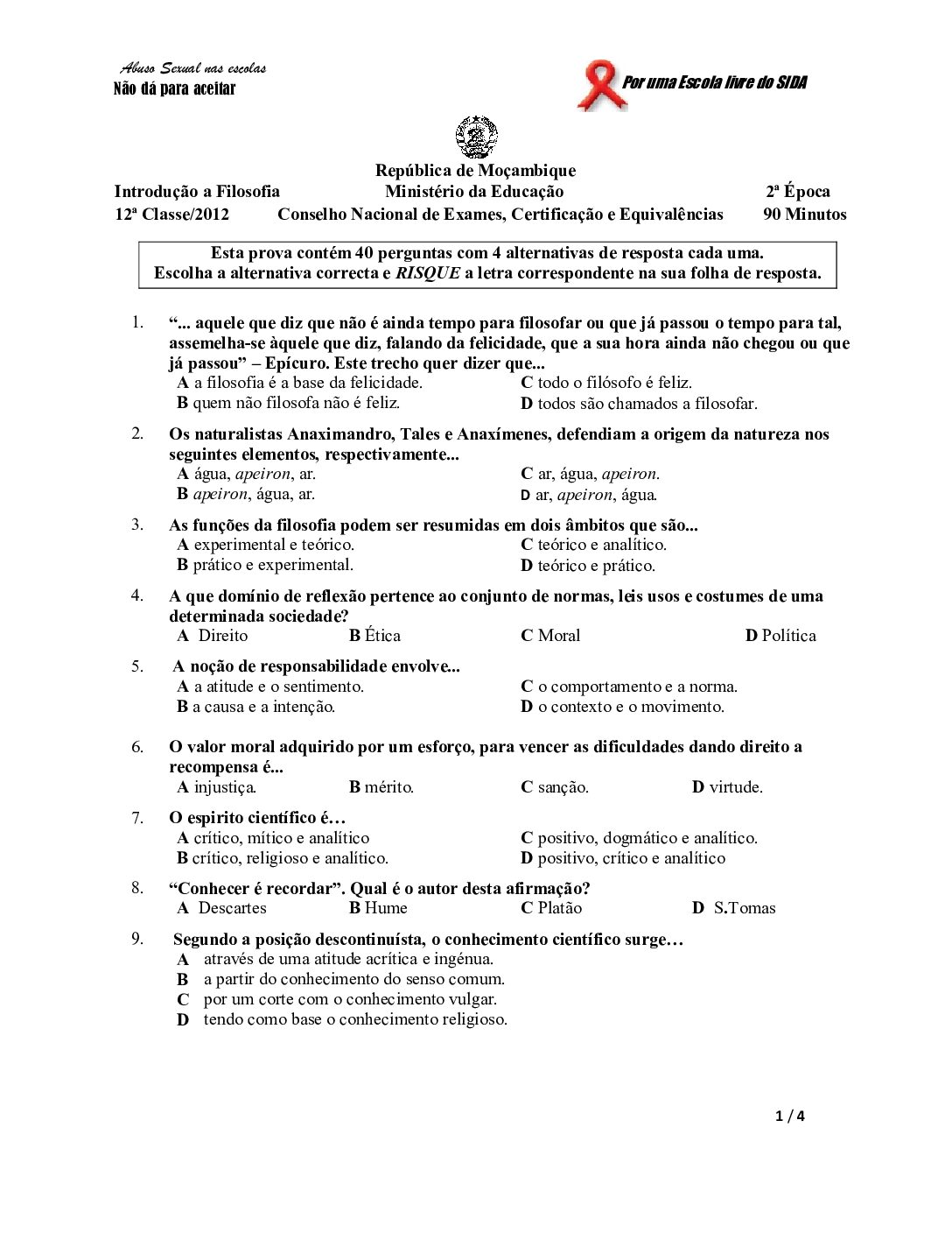 Filosofia – 2012 da 12ª Classe – 2ª Chamada (Enunciado e Resolução do Exame Final em PDF)