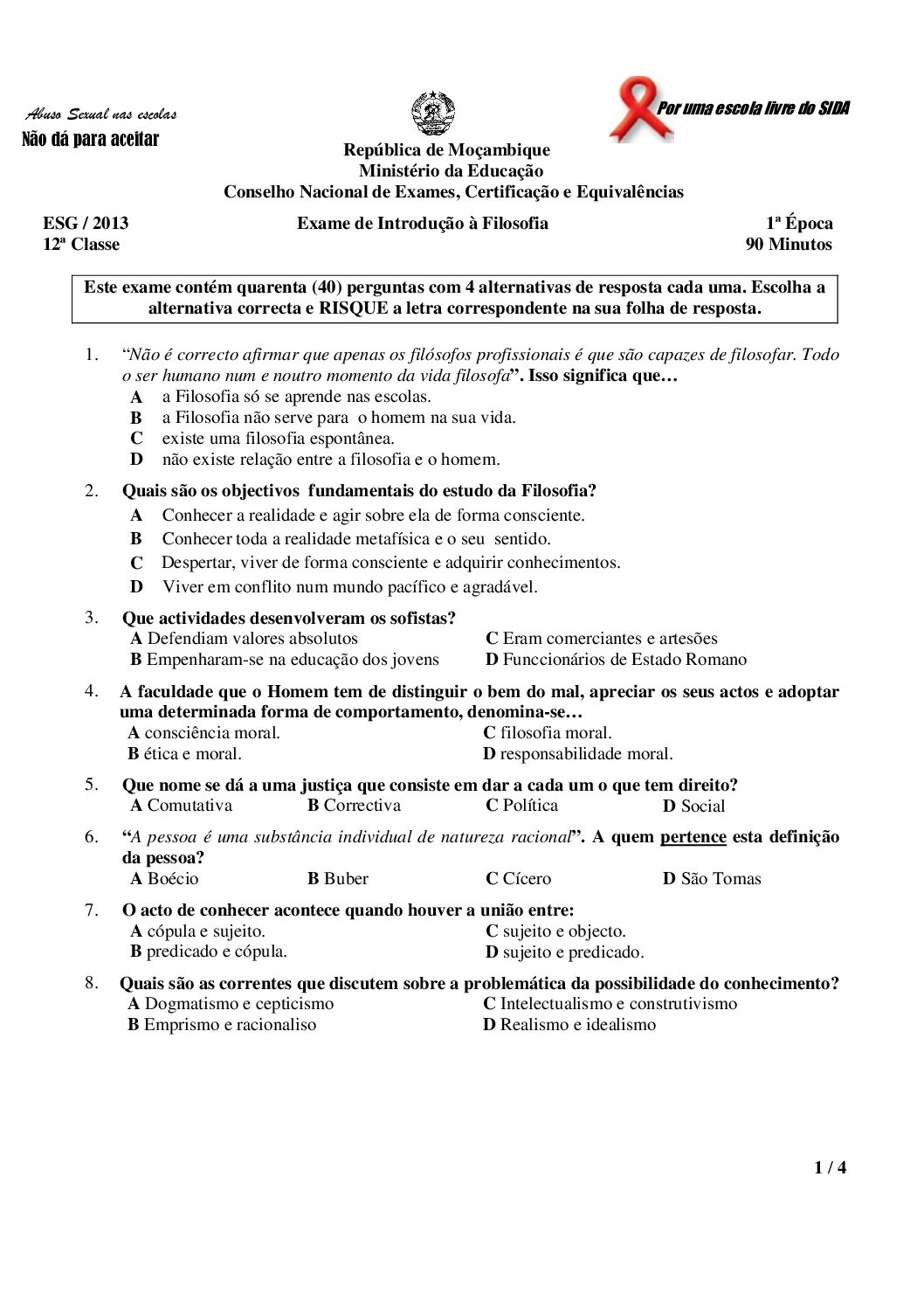 Filosofia – 2013 da 12ª Classe – 1ª Chamada (Enunciado e Resolução do Exame Final em PDF)