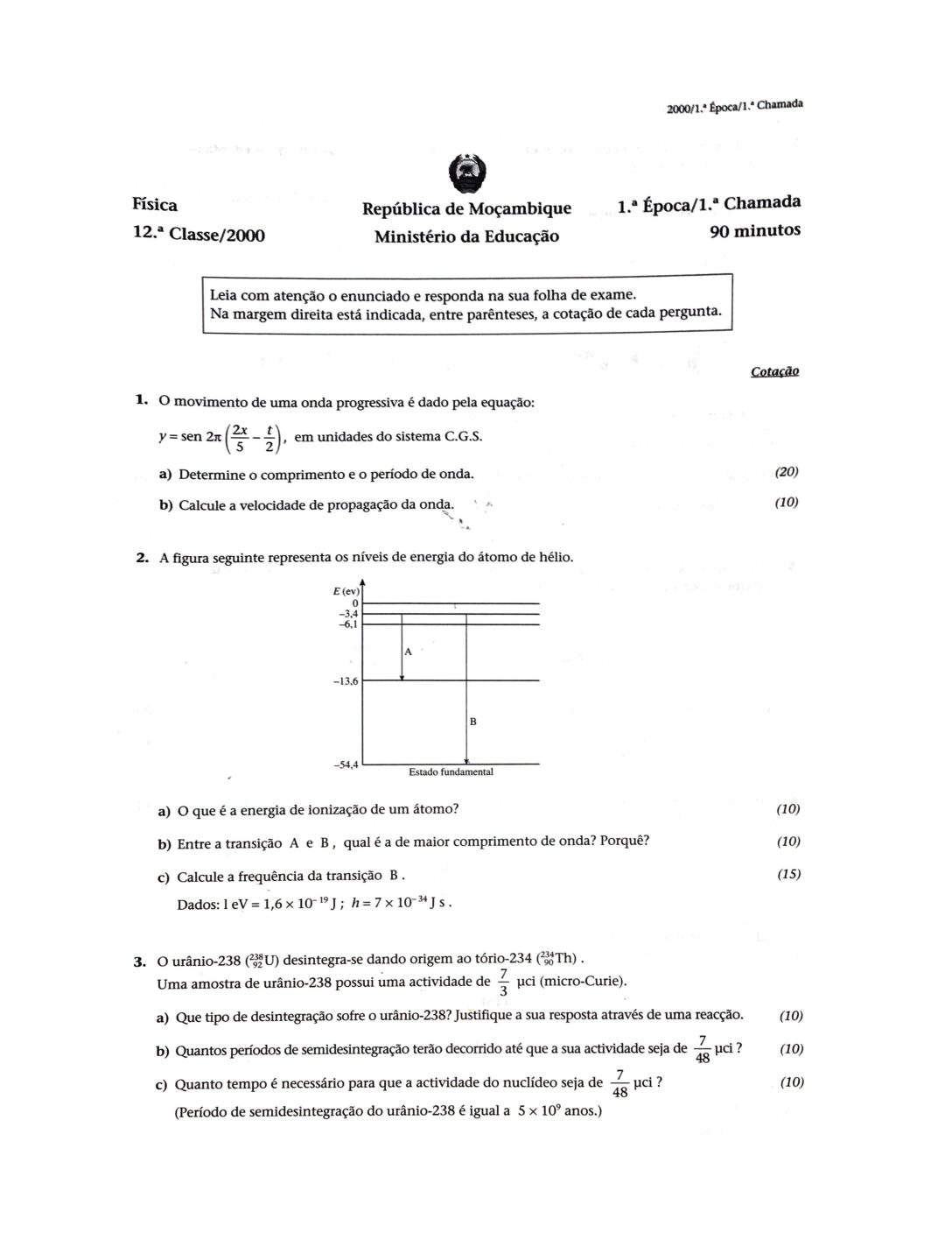 Física – 2000 da 12ª Classe – 1ª Chamada (Enunciado e Resolução do Exame Final em PDF)