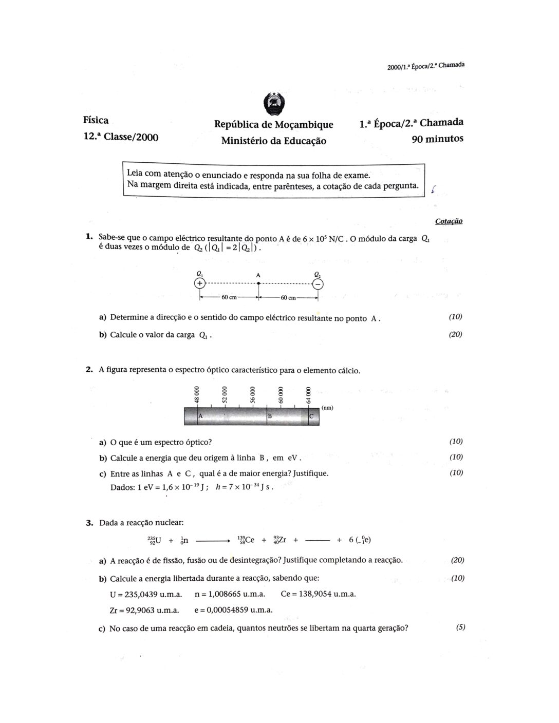 Física – 2000 da 12ª Classe – 2ª Chamada (Enunciado e Resolução do Exame Final em PDF)
