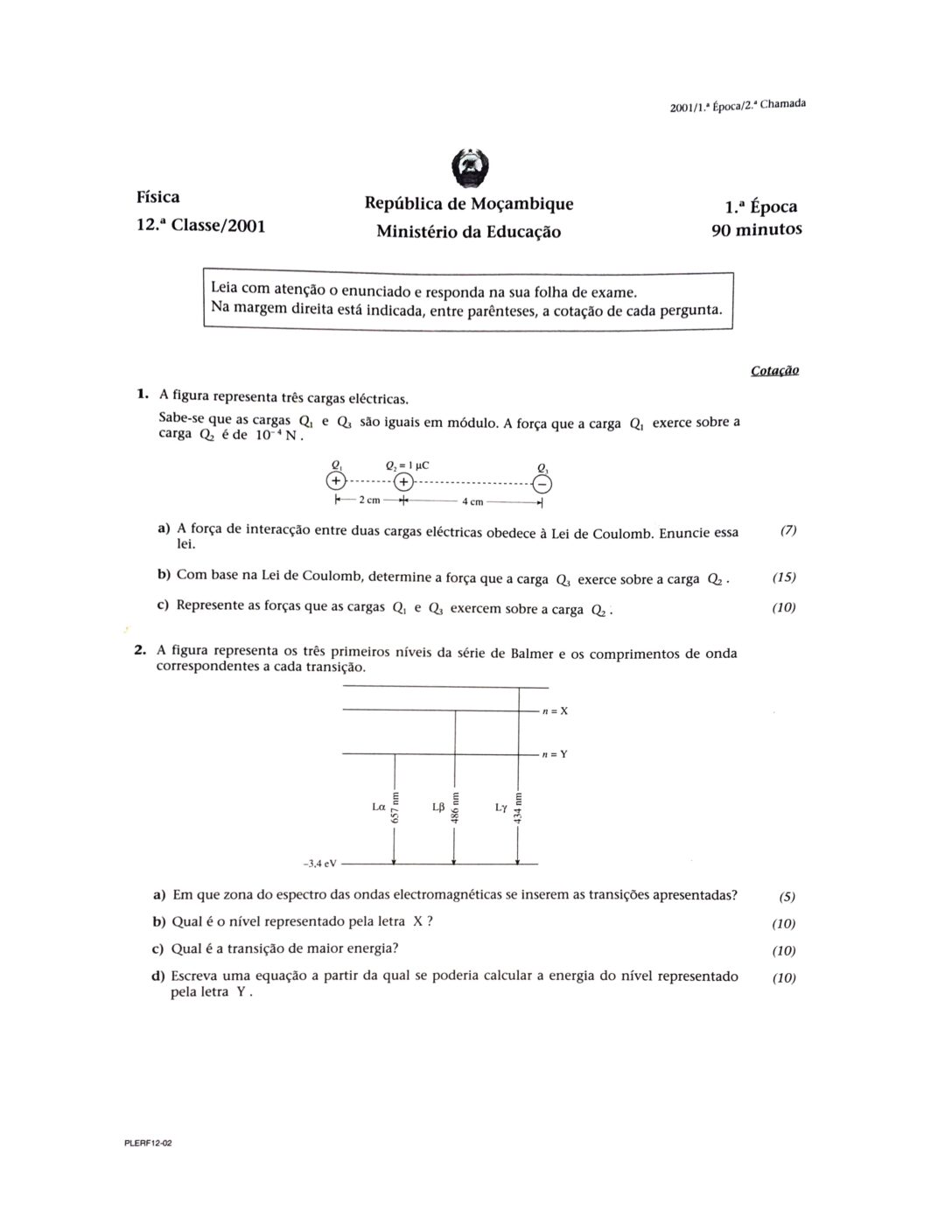 Física – 2001 da 12ª Classe – 1ª Chamada (Enunciado e Resolução do Exame Final em PDF)
