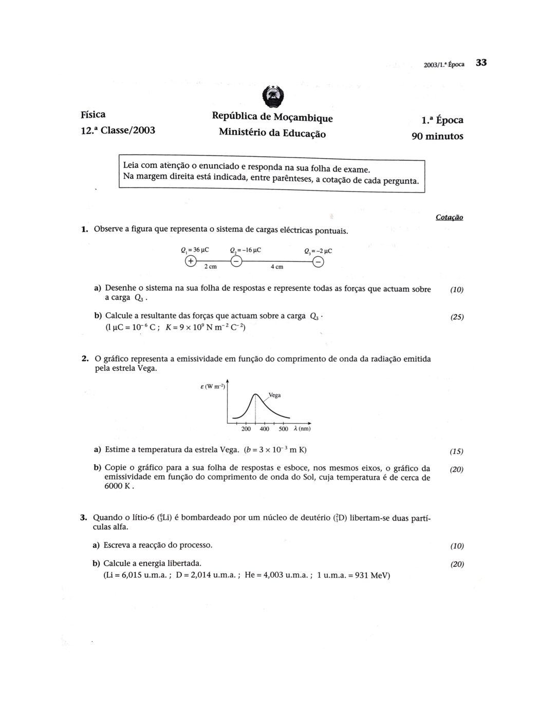 Física – 2003 da 12ª Classe – 1ª Chamada (Enunciado e Resolução do Exame Final em PDF)